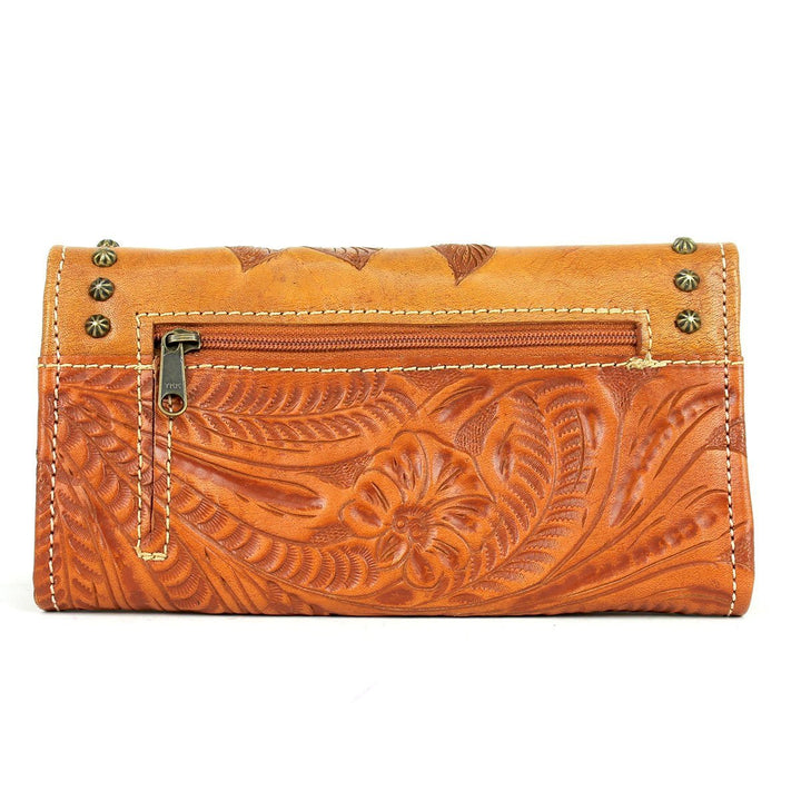 Back view of Texas Rose tri-fold wallet with zippered pocket