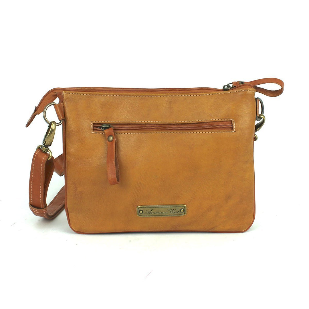 Back view of Texas Rose multi-compartment crossbody bag with zippered pocket