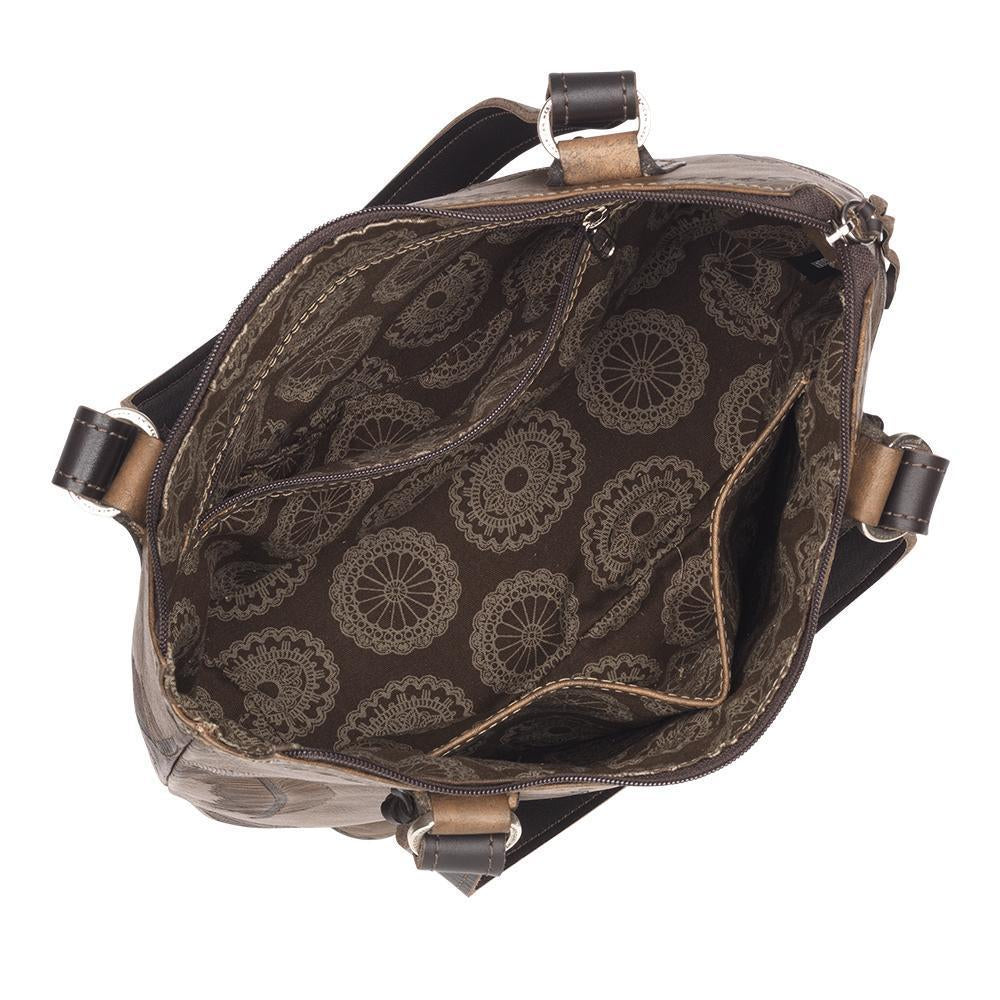 Inside view of Texas Rose bucket tote with one zippered and two slip pockets