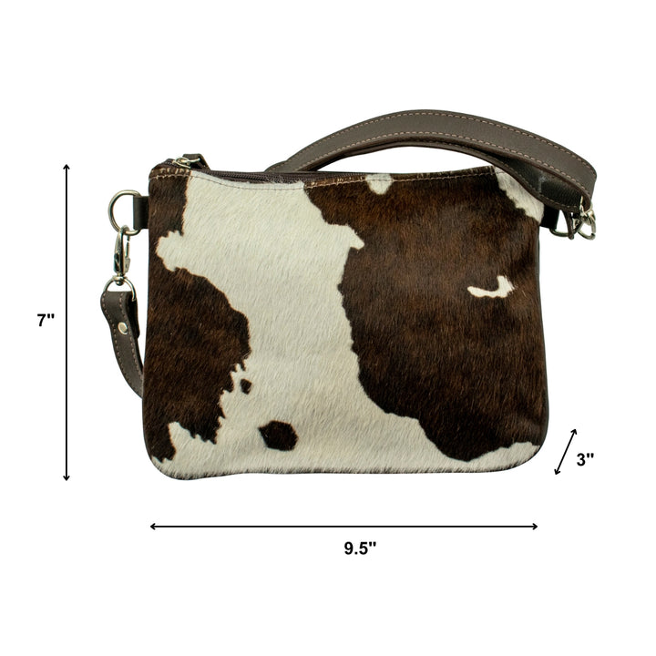 Cowtown multi-compartment Crossbody in pony with hair-on hide leather accents with dimensions