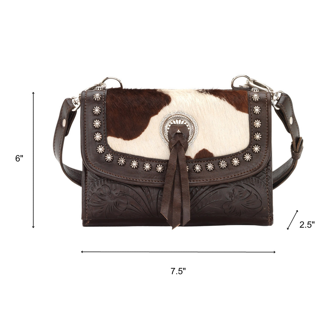 Cow Town crossbody bag in pony with hair-on hide leather accents with dimensions