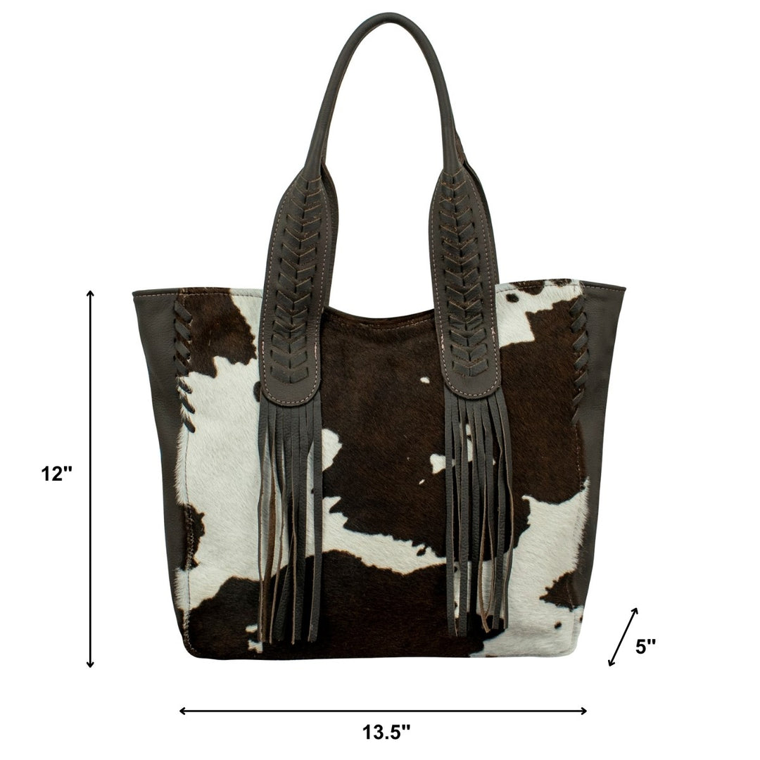 Cowtown tote in pony with hair-on hide leather accents with dimensions