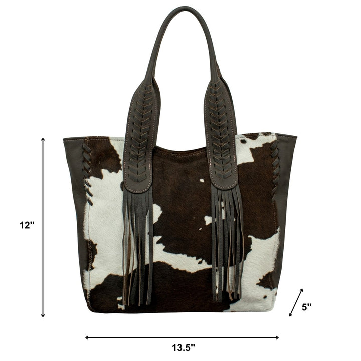 Cowtown tote in pony with hair-on hide leather accents with dimensions