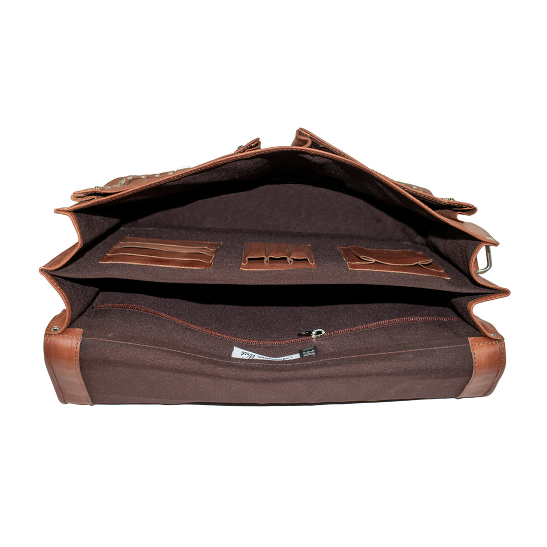 Inside view of Classic Travel multi compartment laptop briefcase with card and pen slots and zippered pocket