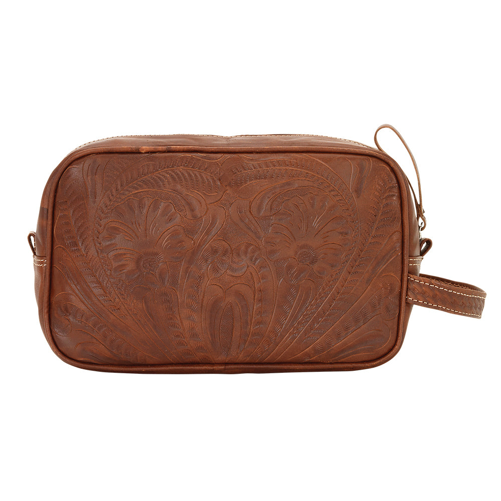 Back view of Classic Travel dopp/shaving kit with hand tooled leather designs