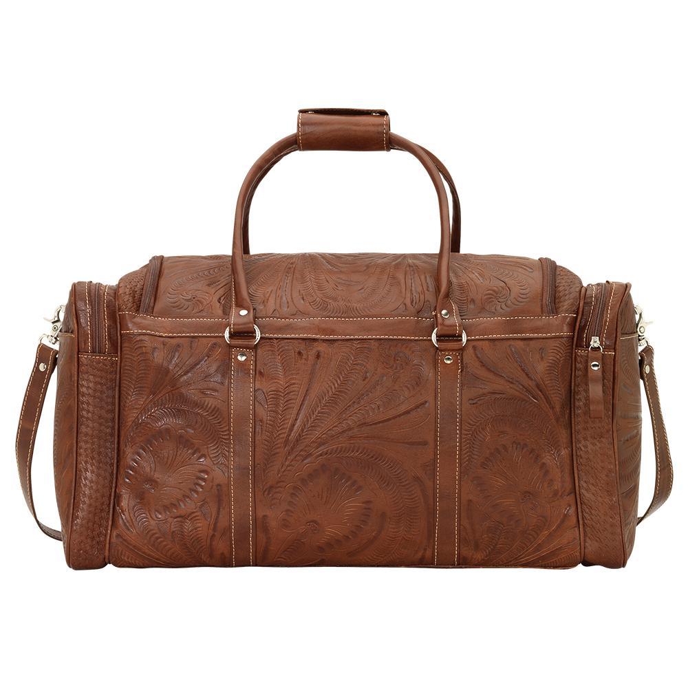 Back view of Classic Travel duffel bag with hand tooled leather pattern