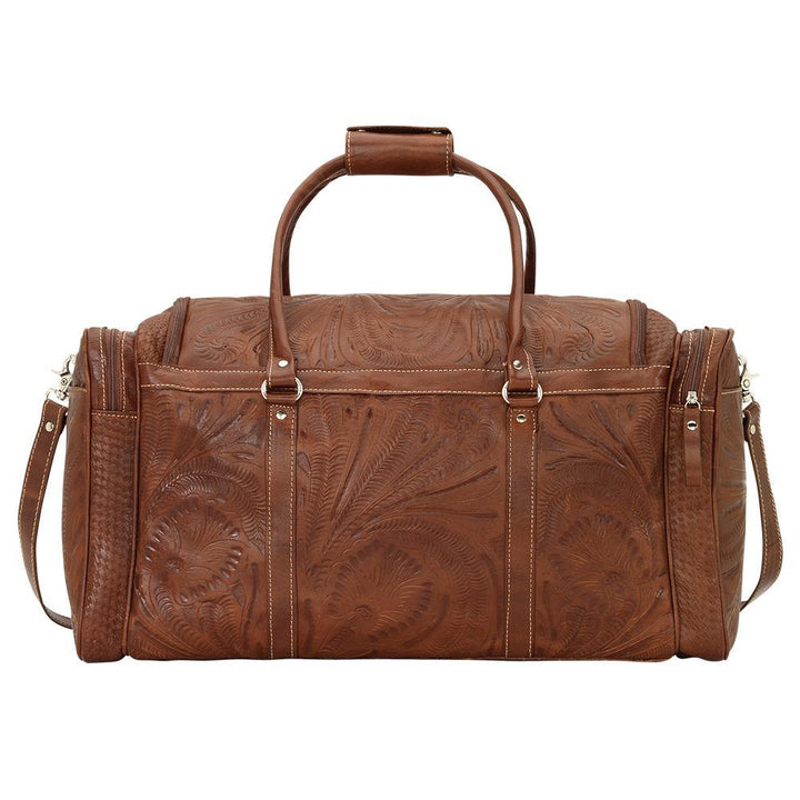 Back view of Classic Travel duffel bag with hand tooled leather pattern