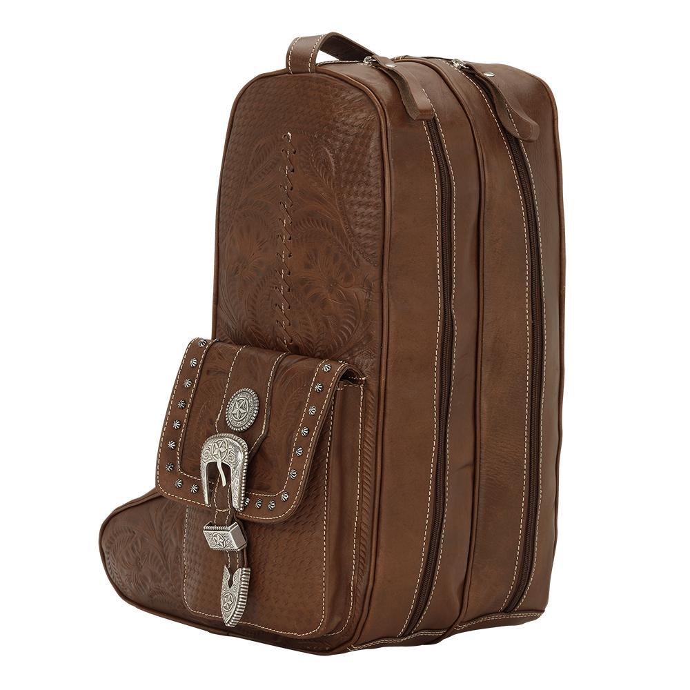 Back view of Classic Travel duffel bag with hand tooled leather pattern