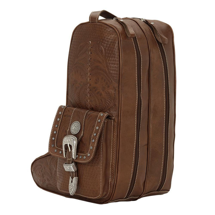 Back view of Classic Travel duffel bag with hand tooled leather pattern