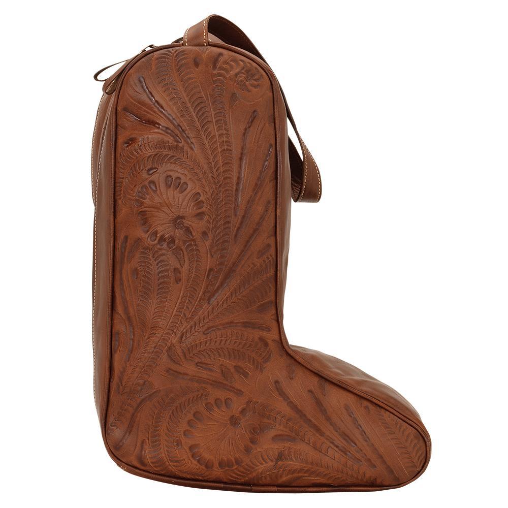 Back view of Classic Travel boot bag with hand tooled leather pattern