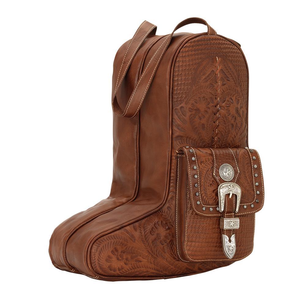 Side view of Classic Travel boot bag in medium brown with hand tooled leather and buckle set accents