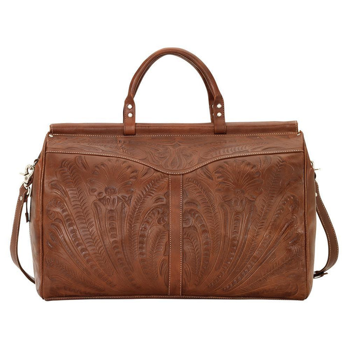 Back view of Classic Travel duffel bag with hand tooled leather
