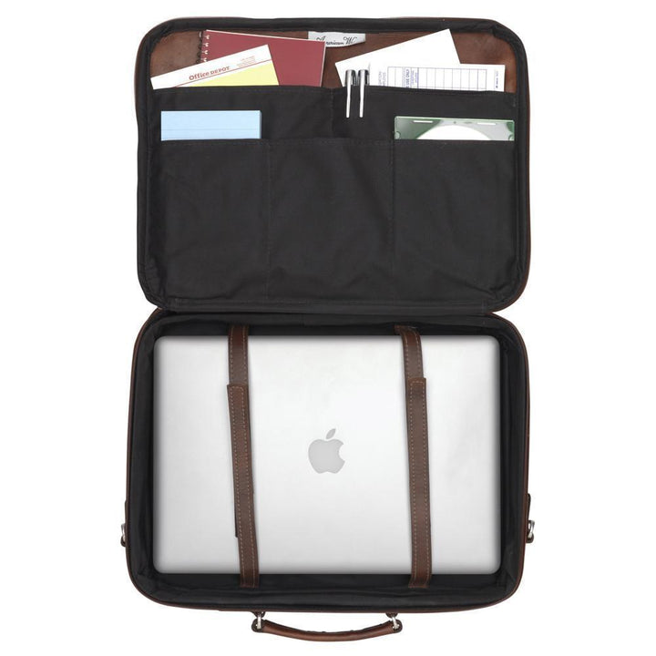 Inside view of Classic Travel laptop briefcase with secure straps for computer and pockets