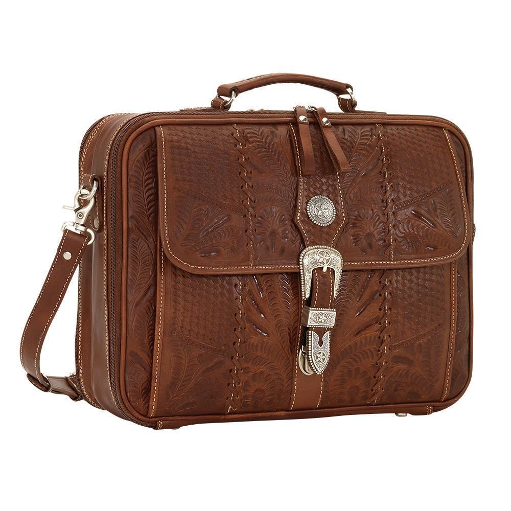 Side view of Classic Travel laptop briefcase in medium brown with hand tooled leather and buckle set accents