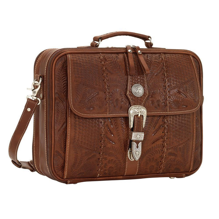 Side view of Classic Travel laptop briefcase in medium brown with hand tooled leather and buckle set accents