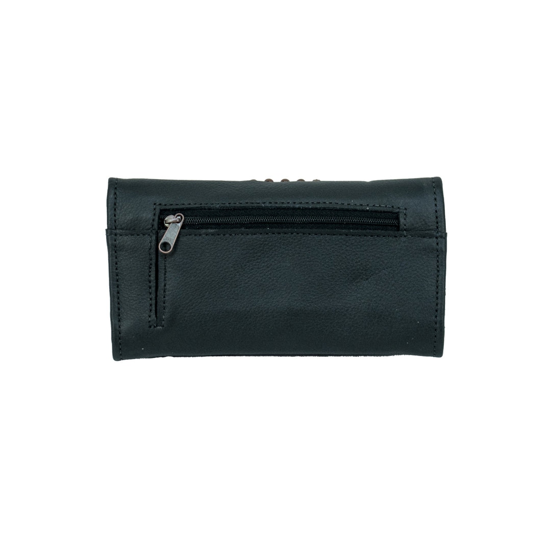 Back view of Midnight Copper tri-fold wallet in black