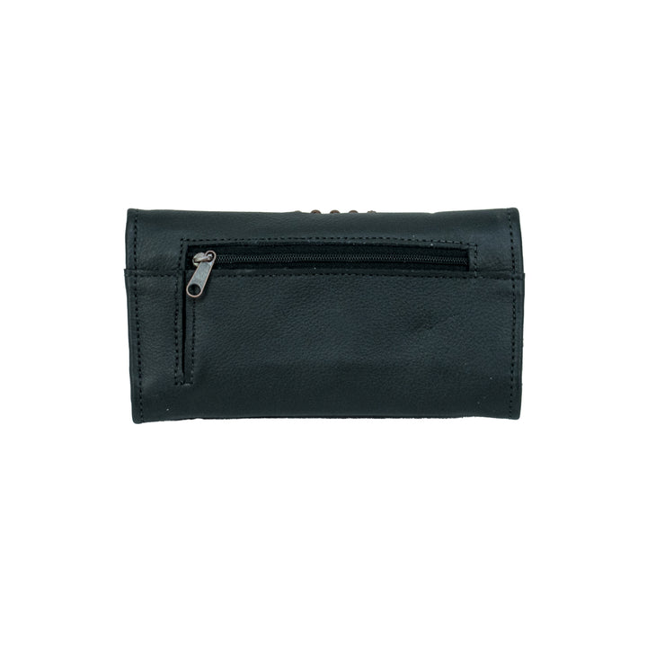 Back view of Midnight Copper tri-fold wallet in black
