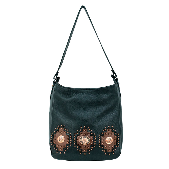 Midnight Copper conceal carry shoulder bag in black with hand tooled accents with strap up