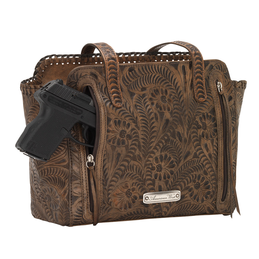 Back view of Annie's Secret conceal carry tote with back zippered pocket with double opening 