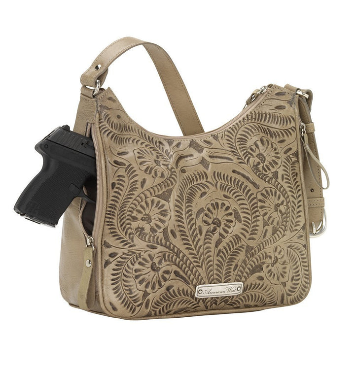Back view of Harvest Moon conceal carry shoulder bag with gun 