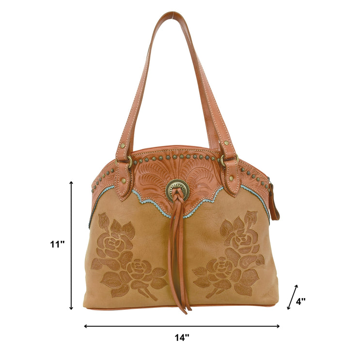 Texas Rose tote in natural tan with hand tooled leather accents and bolo concho with tassel with dimensions