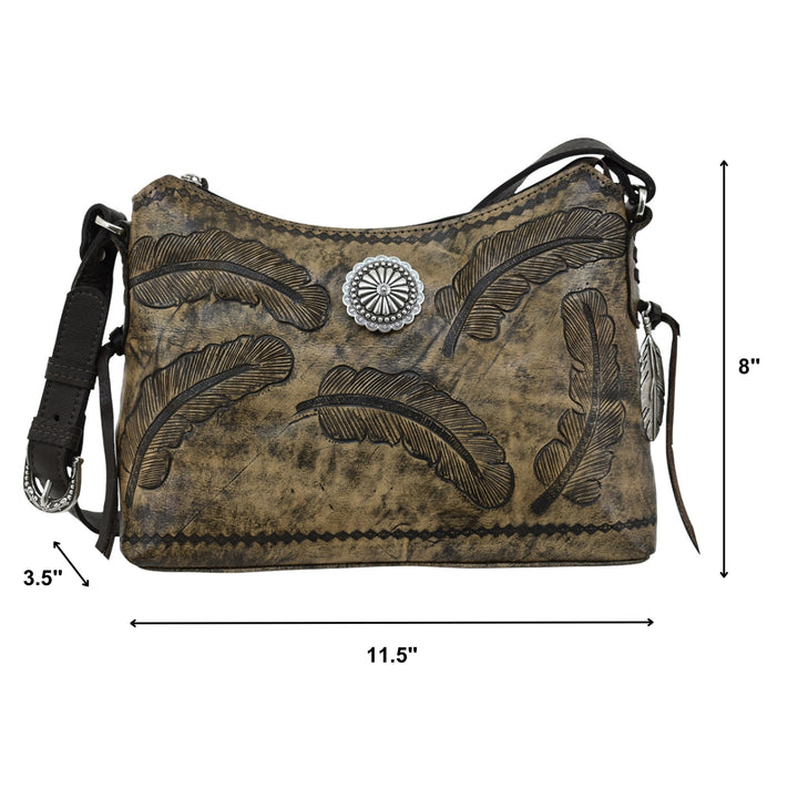 Sacred Bird shoulder bag in distressed charcoal brown leather with hand tooled feathers with dimensions