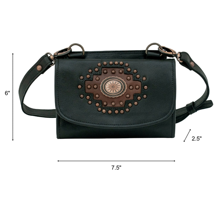 Midnight Copper crossbody bag in black with hand tooled accents with dimensions