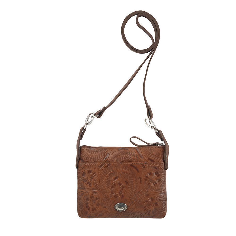 Back view of Prairie Sage crossbody bag/hip bag with slip pocket hand tooled leather pattern