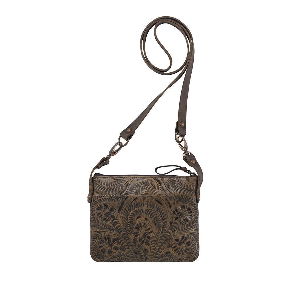 Back view of Prairie Horse crossbody bag/hip bag with slip pocket with hand tooled leather pattern