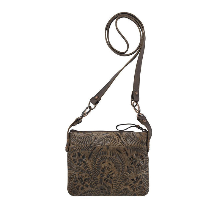 Back view of Prairie Horse crossbody bag/hip bag with slip pocket with hand tooled leather pattern