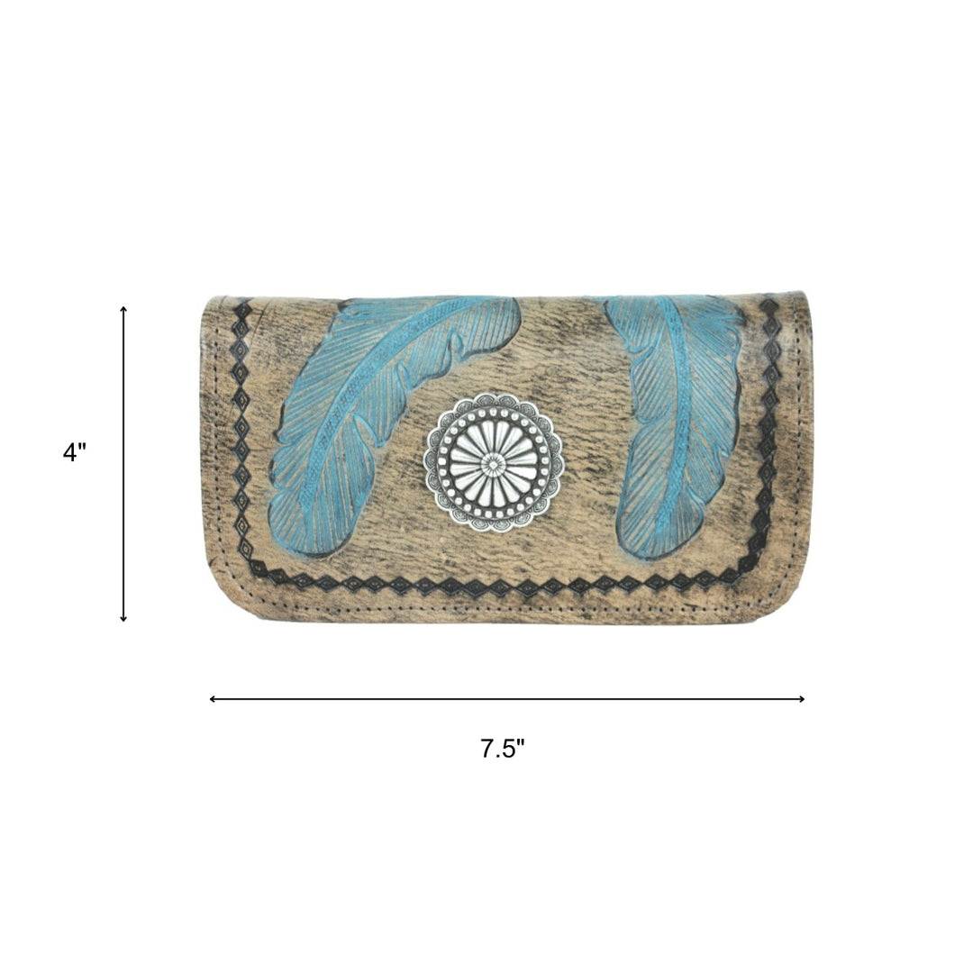Sacred Bird tri-fold wallet in distressed charcoal brown leather with turquoise hand tooled feathers with dimensions