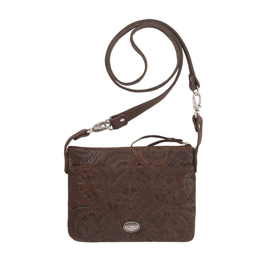Back view of Canyon Bloom crossbody bag/hip bag with slip pocket with hand tooled leather design