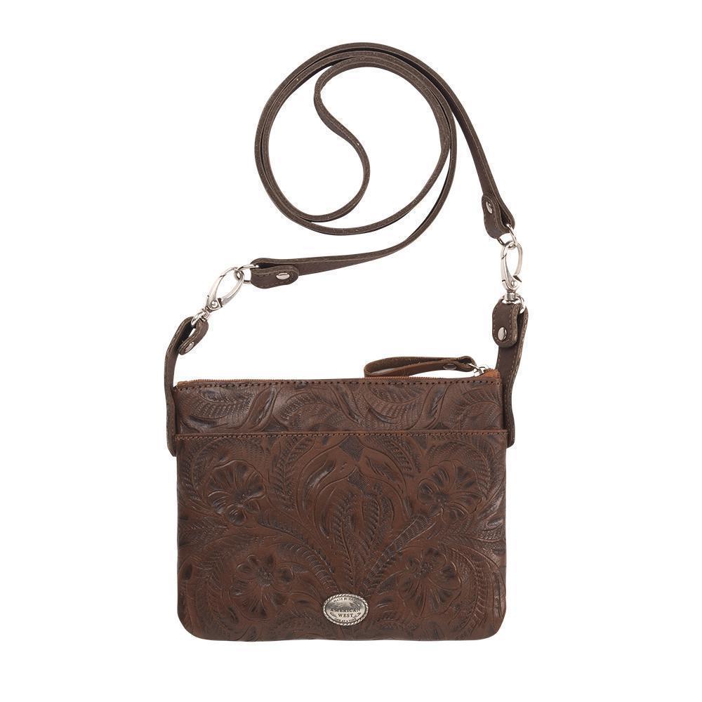 Back view of Frontier Cross crossbody bag/hip bag with slip pocket and hand tooled leather pattern