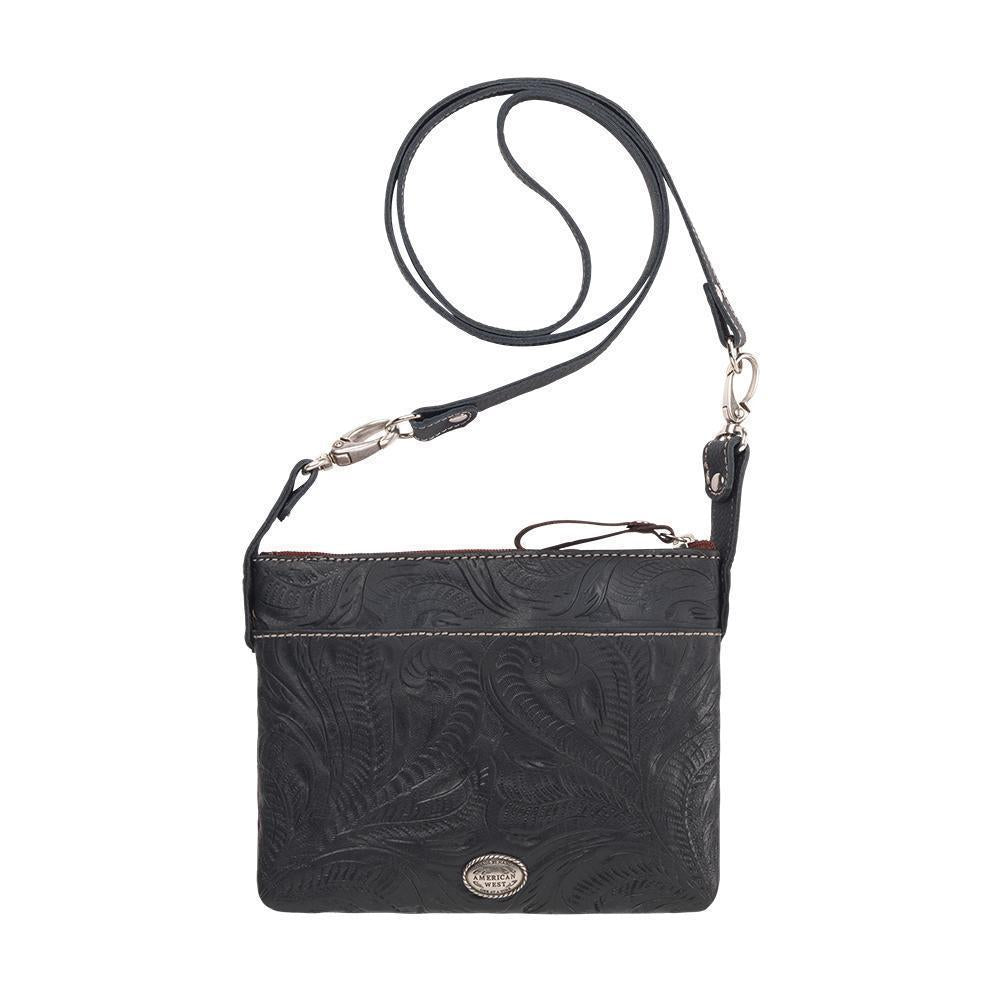 Back view of Lone Star crossbody bag/hip bag with slip pocket hand tooled leather pattern