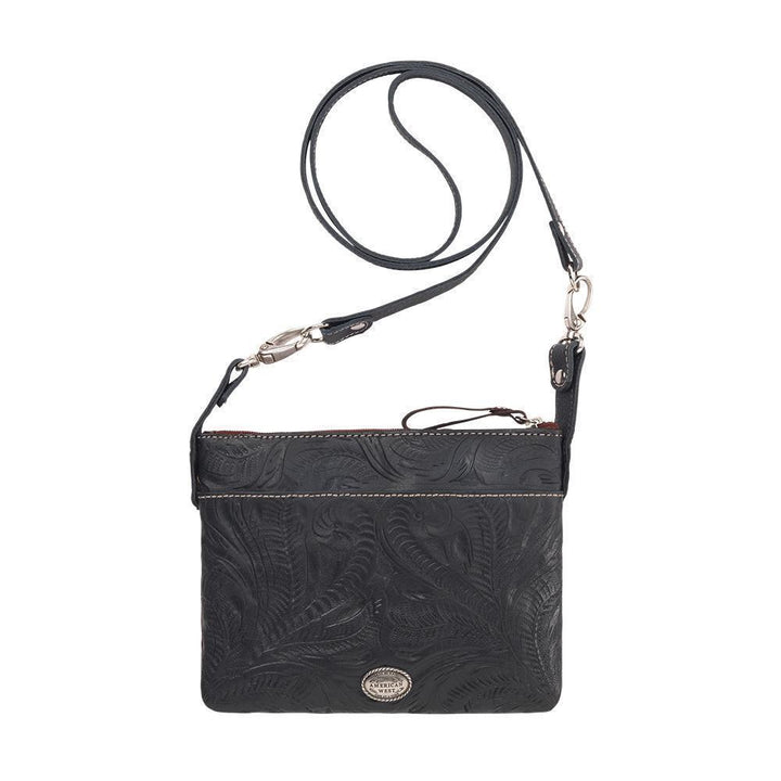 Back view of Lone Star crossbody bag/hip bag with slip pocket hand tooled leather pattern