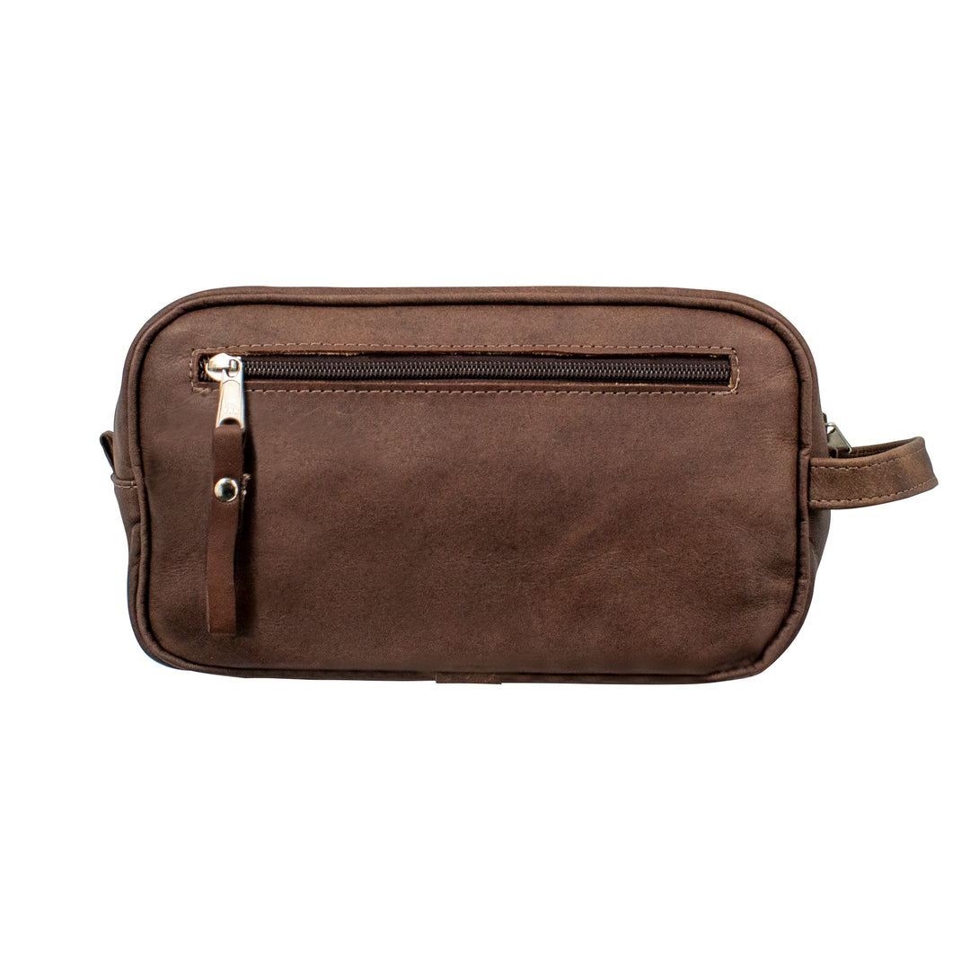Back view of Waxed Leather dopp/shaving kit in dark brown