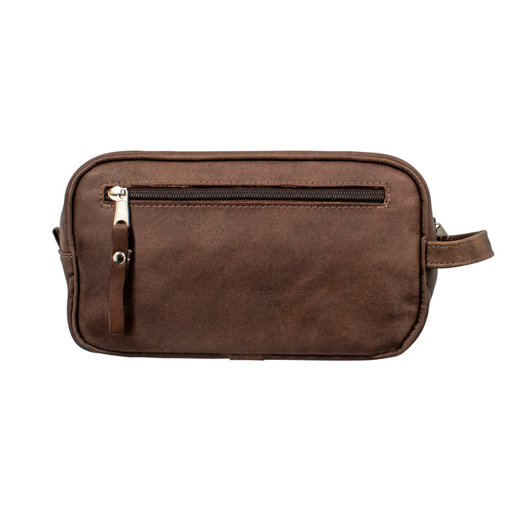 Back view of Waxed Leather dopp/shaving kit in dark brown
