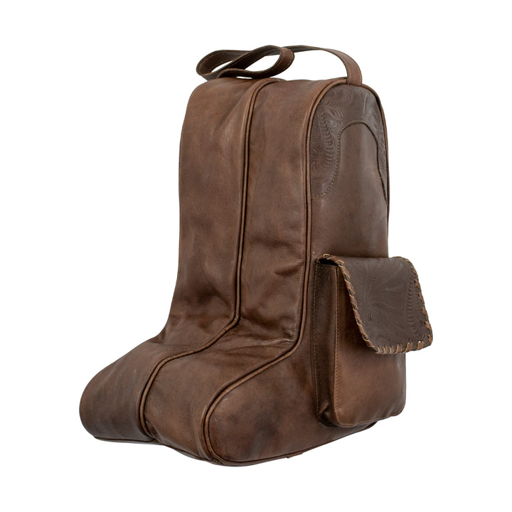 Side view of Waxed Leather boot bag in dark brown with hand tooled leather accents