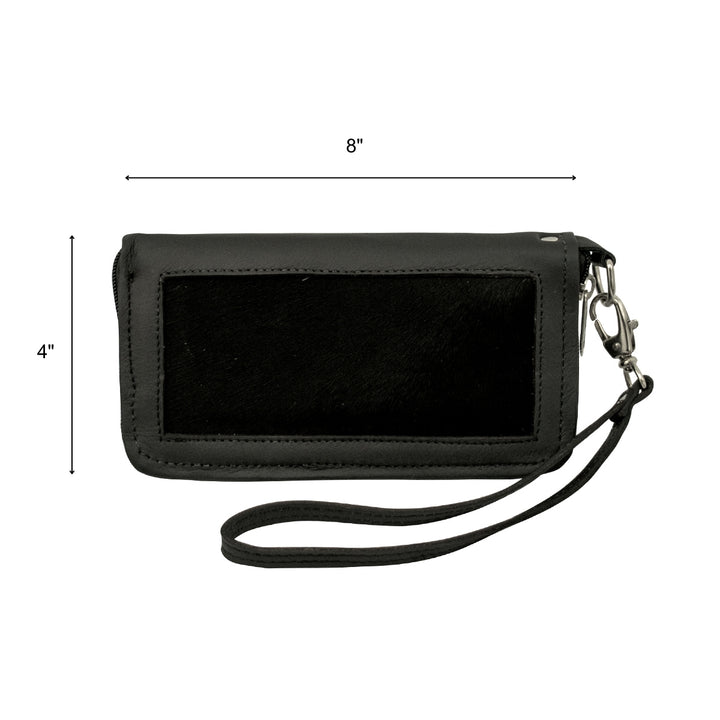 Cow Town zip-around wallet in black with hair-on hide leather accents with dimensions