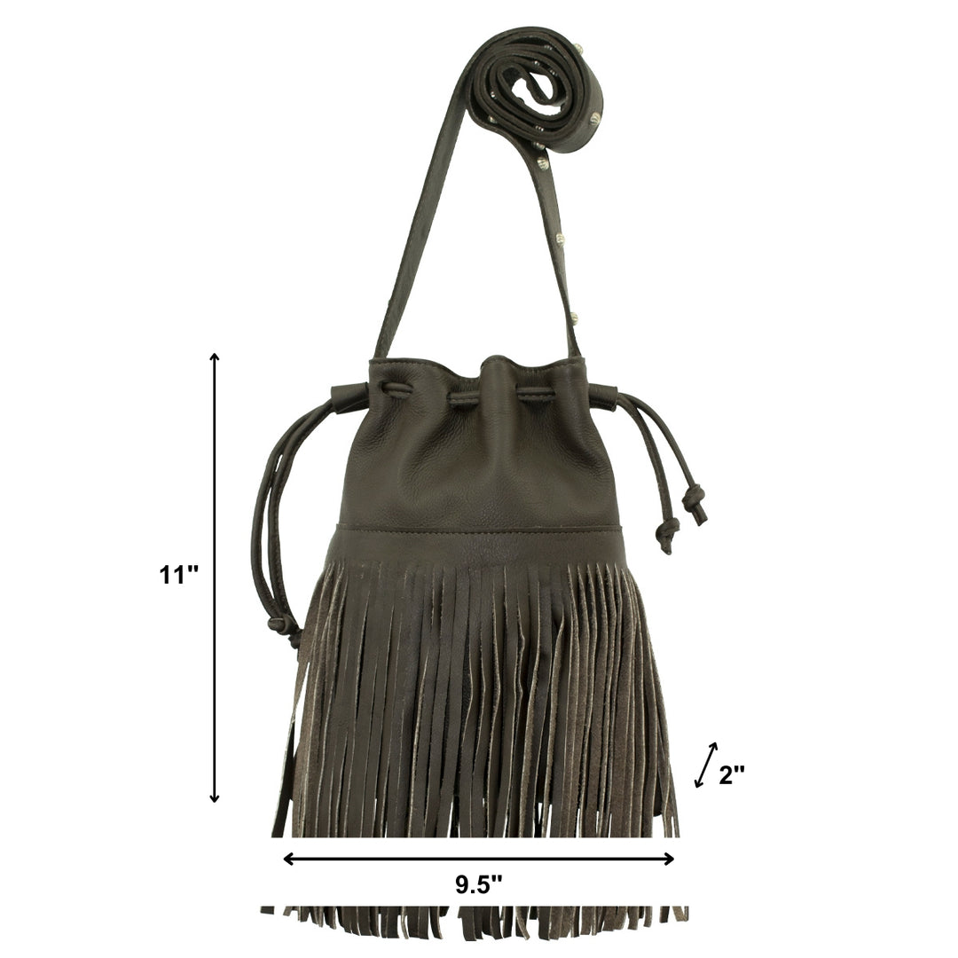 Fringed Cowgirl crossbody in chocolate brown with fringe accent with dimensions