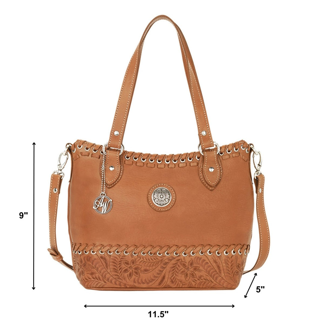 Harvest Moon convertible bucket tote in natural tan with hand tooled leather accents with dimensions