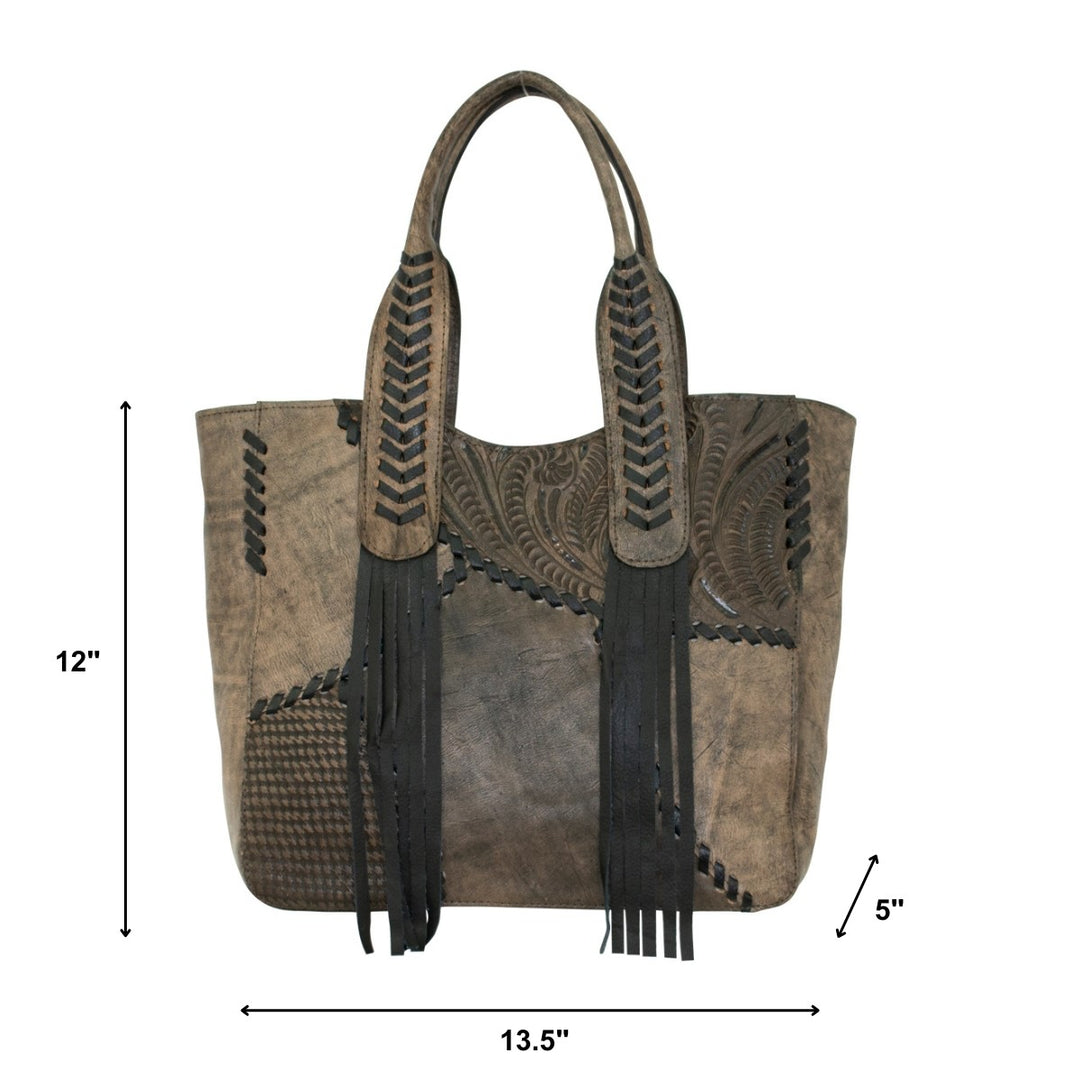 Gypsy Patch tote in distressed charcoal brown with hand tooled leather accents with dimensions