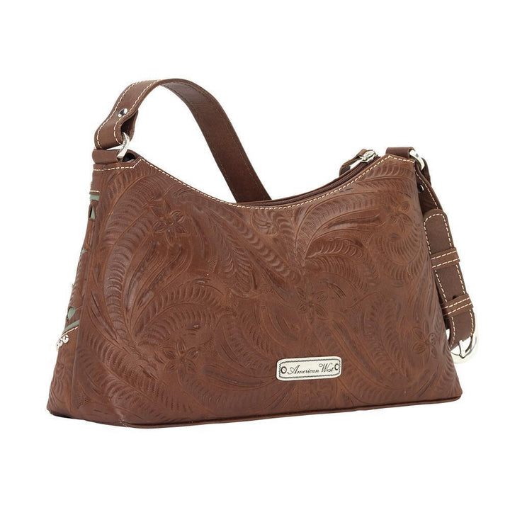 Back view of Lady Lace shoulder bag with hand tooled leather design