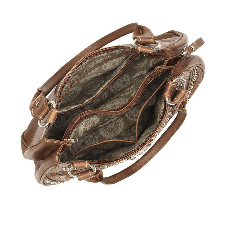 Inside view of Lady Lace three compartment scoop tote in dark brown