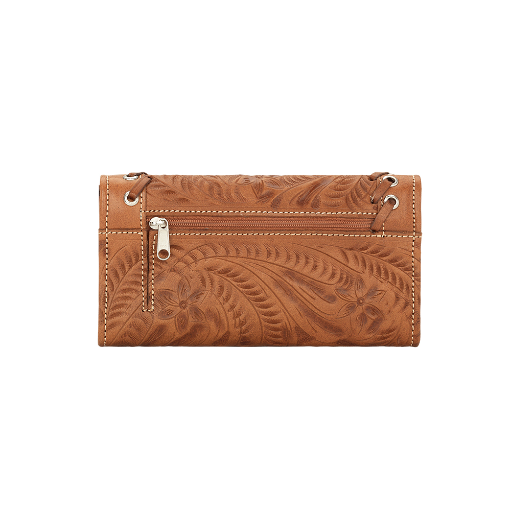 Back view of Harvest Moon tri-fold wallet with zippered pocket