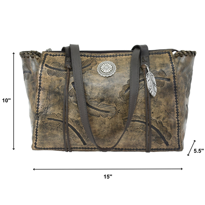 Sacred Bird conceal carry tote in distressed charcoal brown leather with hand tooled feathers with dimensions
