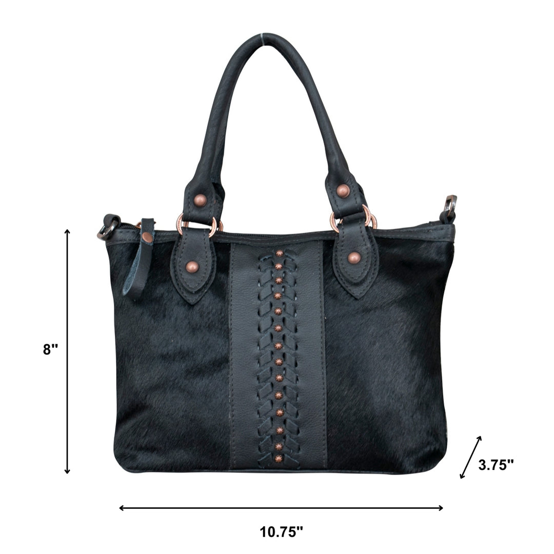 Cow Town conceal carry convertible satchel in black with hair-on hide leather accents with dimensions