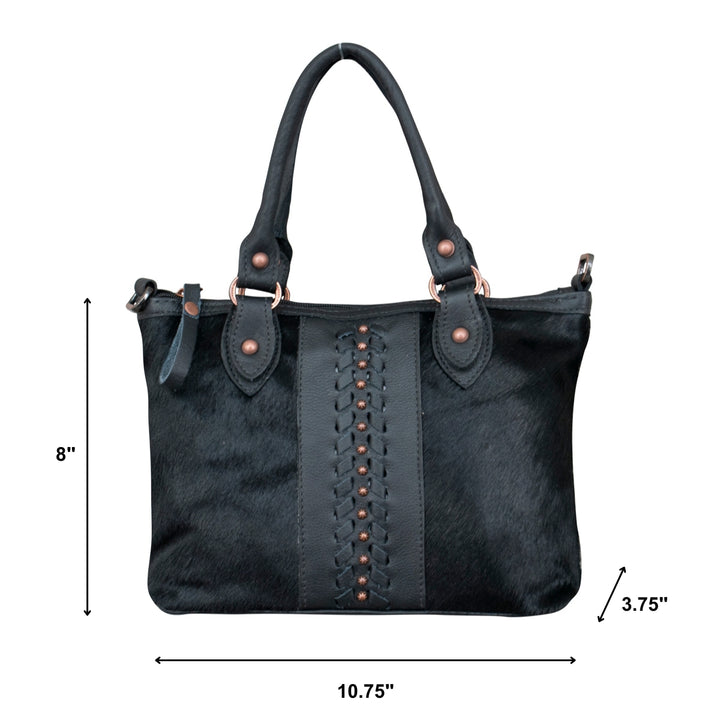 Cow Town conceal carry convertible satchel in black with hair-on hide leather accents with dimensions