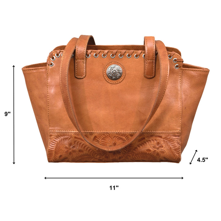 Harvest Moon conceal carry tote in natural tan with hand tooled leather accents with dimensions