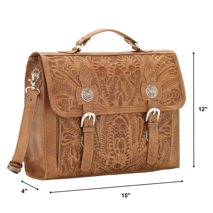 Classic Travel multi-compartment briefcase in light tan with hand tooled leather accents with dimensions
